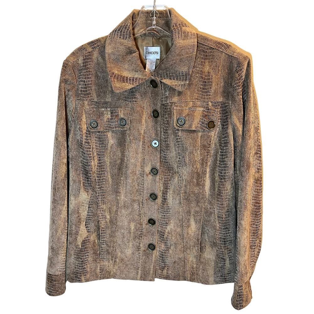 Chico's, Snake Skin Print Brown Gold Jacket, Buttons, sz 1